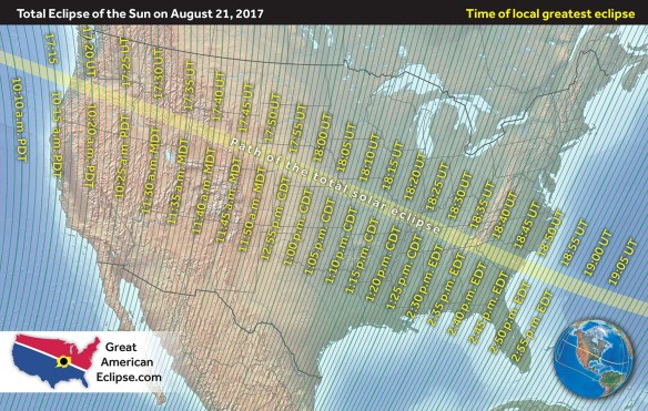 Time of total eclipse across US on August 21, 2017