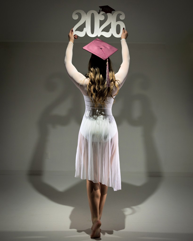 Senior dance photography of Mia by Dave Dabour Photography, featuring custom 2026 graduation-year props for a high school senior portfolio.