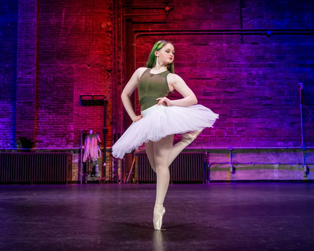 Wide shot of dance ambassadors performing a synchronized pose on the State Theatre stage under professional spotlighting.