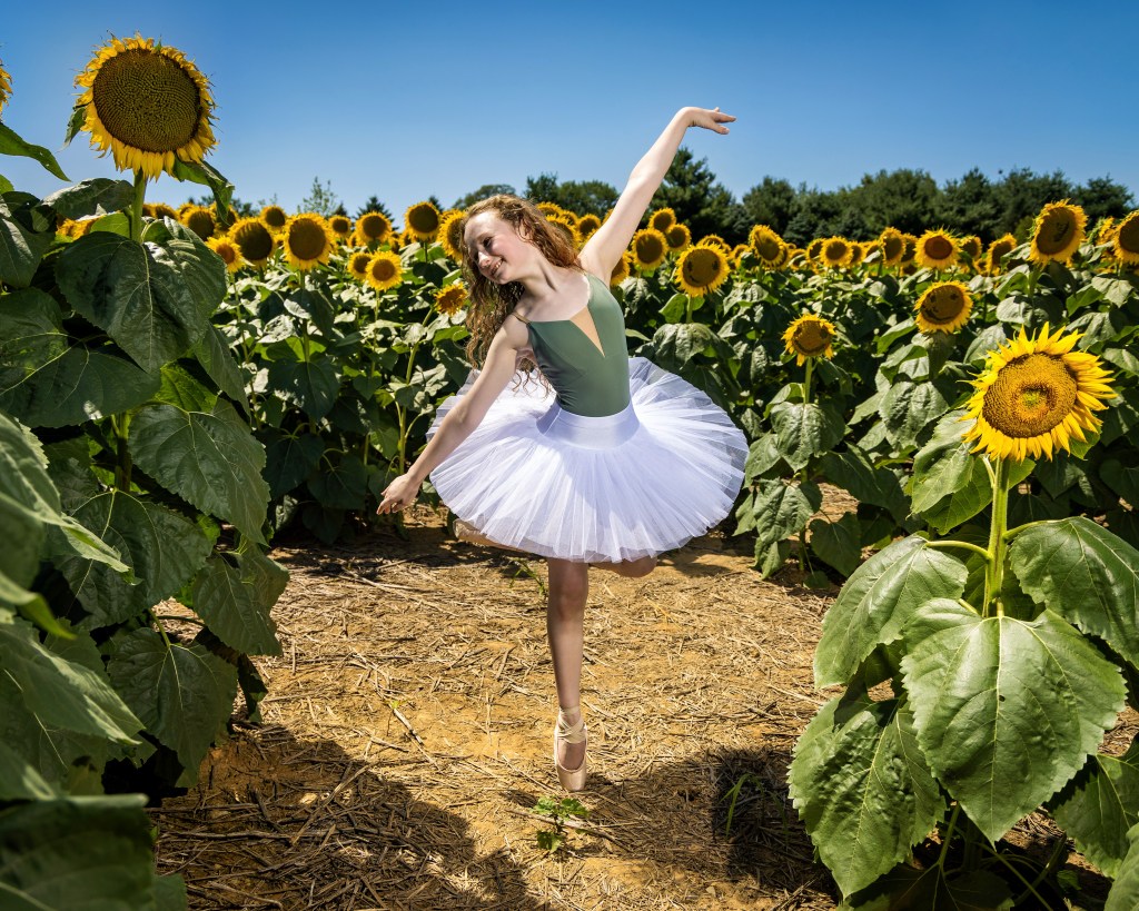 Ballet dancer Lily performing a standing pose among tall sunflowers. She is on pointe with her arms in an elegant fifth position, wearing a green leotard that complements the natural greenery of the sunflower field under a bright sky.